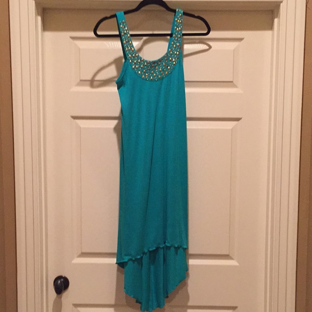 Kensie Turquoise gold beaded high low dress